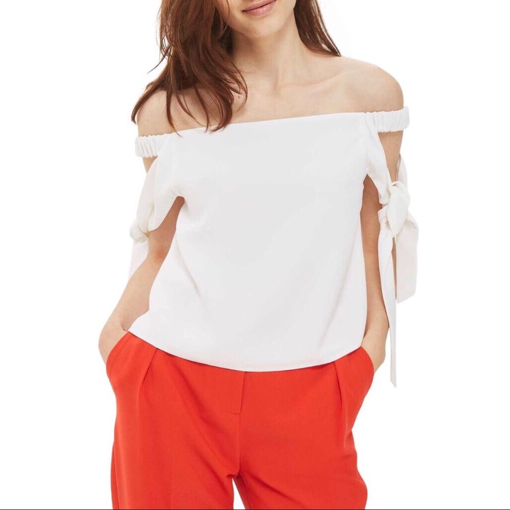 Topshop Bardot Tie Sleeve cold shoulder white Top